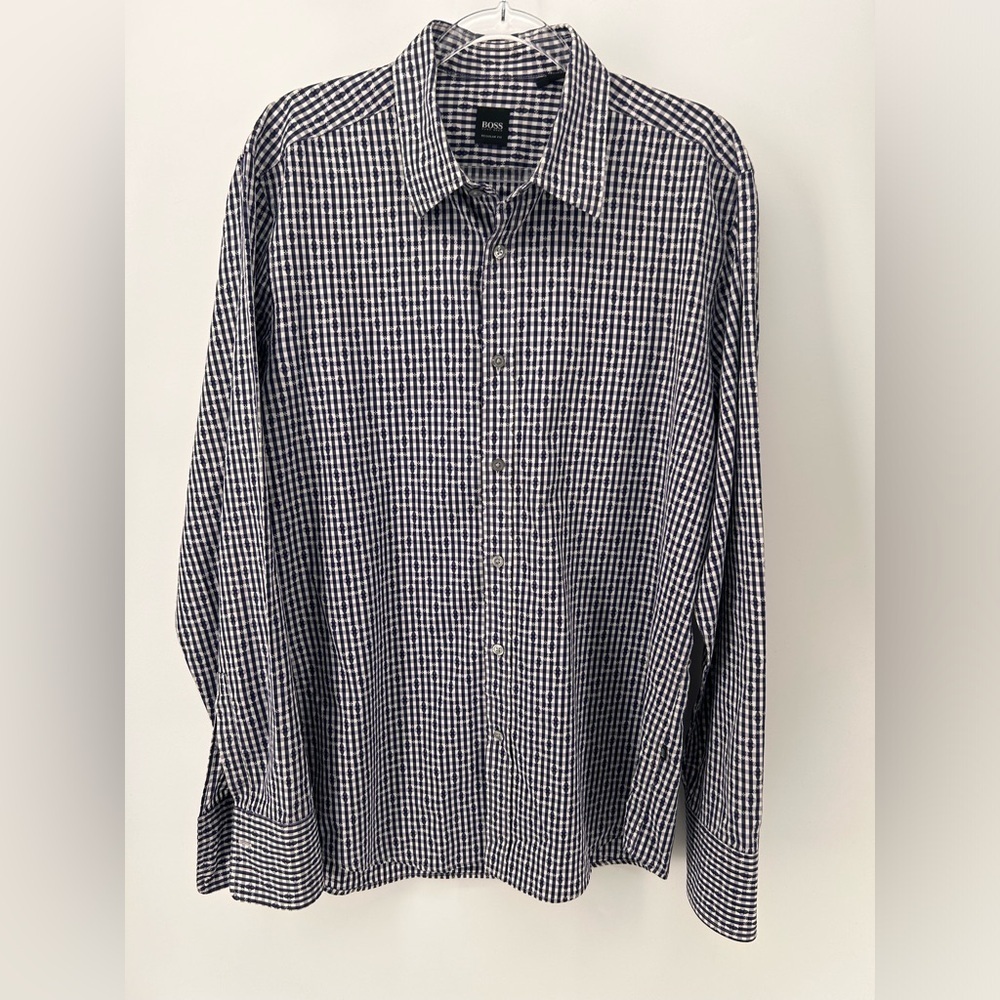 Hugo Boss Mens Lucas Long Sleeve Dress Shirt Blue Gingham Regular Fit Large